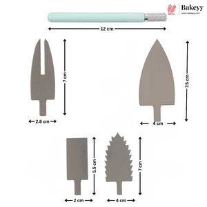 A set of five metal arrowhead nocks shown with dimension labels and arrows on a white background, plus a mint-green tool handle at the top and the Bakeey logo in the upper right.