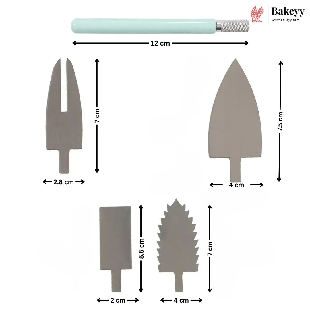 A set of five metal arrowhead nocks shown with dimension labels and arrows on a white background, plus a mint-green tool handle at the top and the Bakeey logo in the upper right.