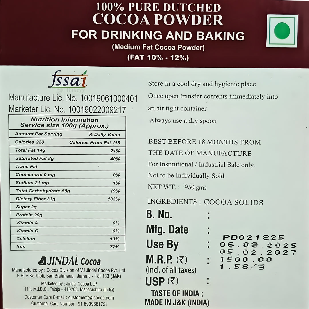 100 % Pure Dutched COCOA POWDER By JINDAL | Drinking and Baking Purpose | 950 Net Weight