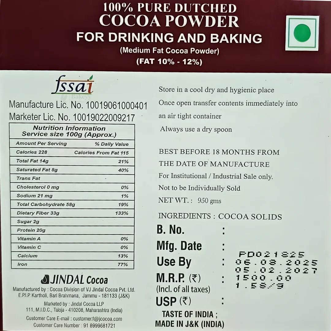 100 % Pure Dutched COCOA POWDER By JINDAL | Drinking and Baking Purpose | 950 Net Weight