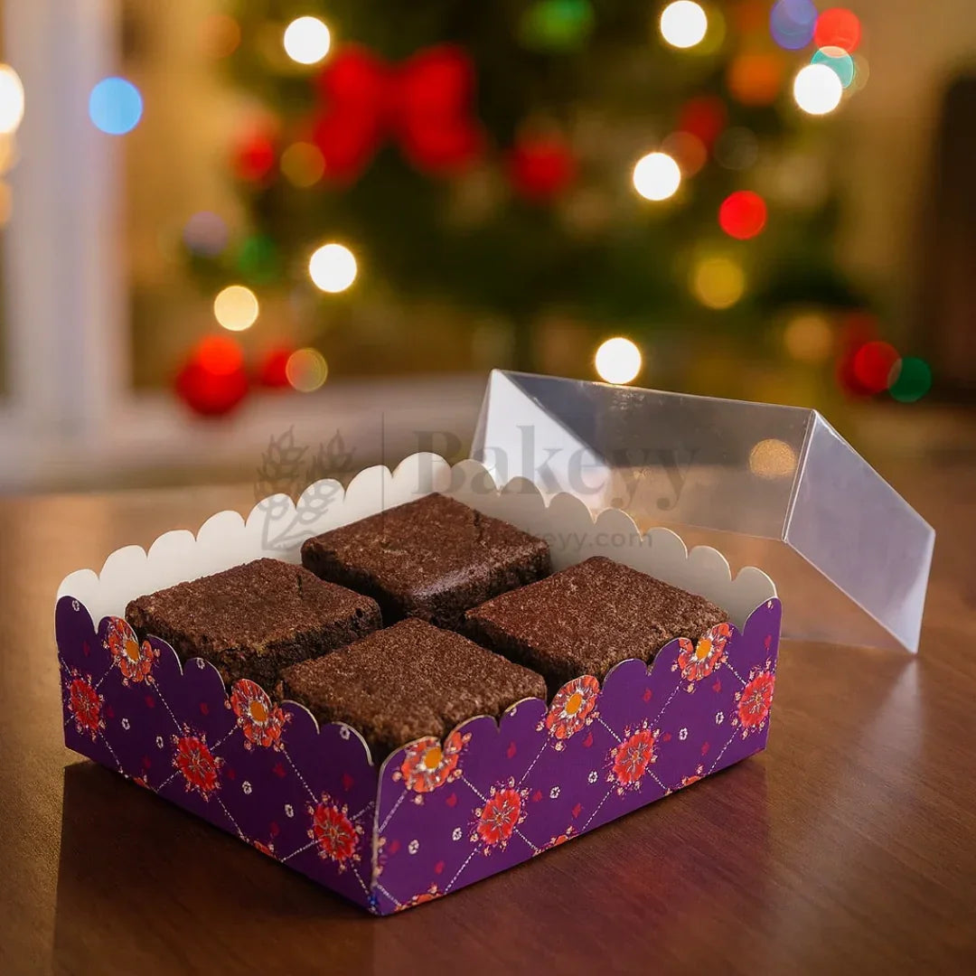 Box of brownies with a festive background