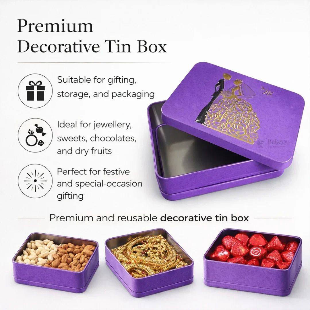 Purple rectangular decorative tin box with gold wedding design, ideal for gifting, packaging, and storage from Bakeyy.com.