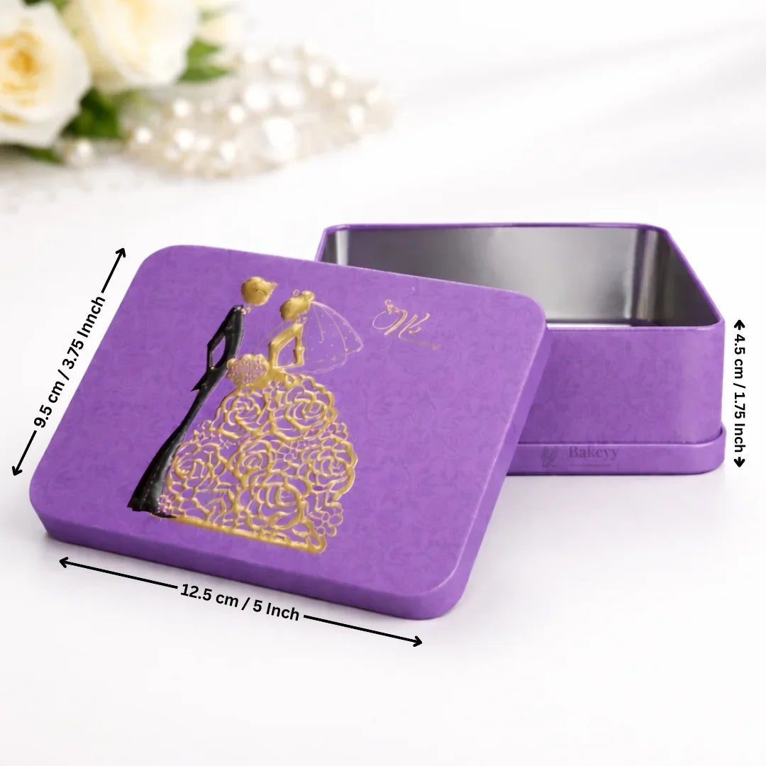 Purple rectangular decorative tin box with gold wedding couple design from Bakeyy, gift packaging.