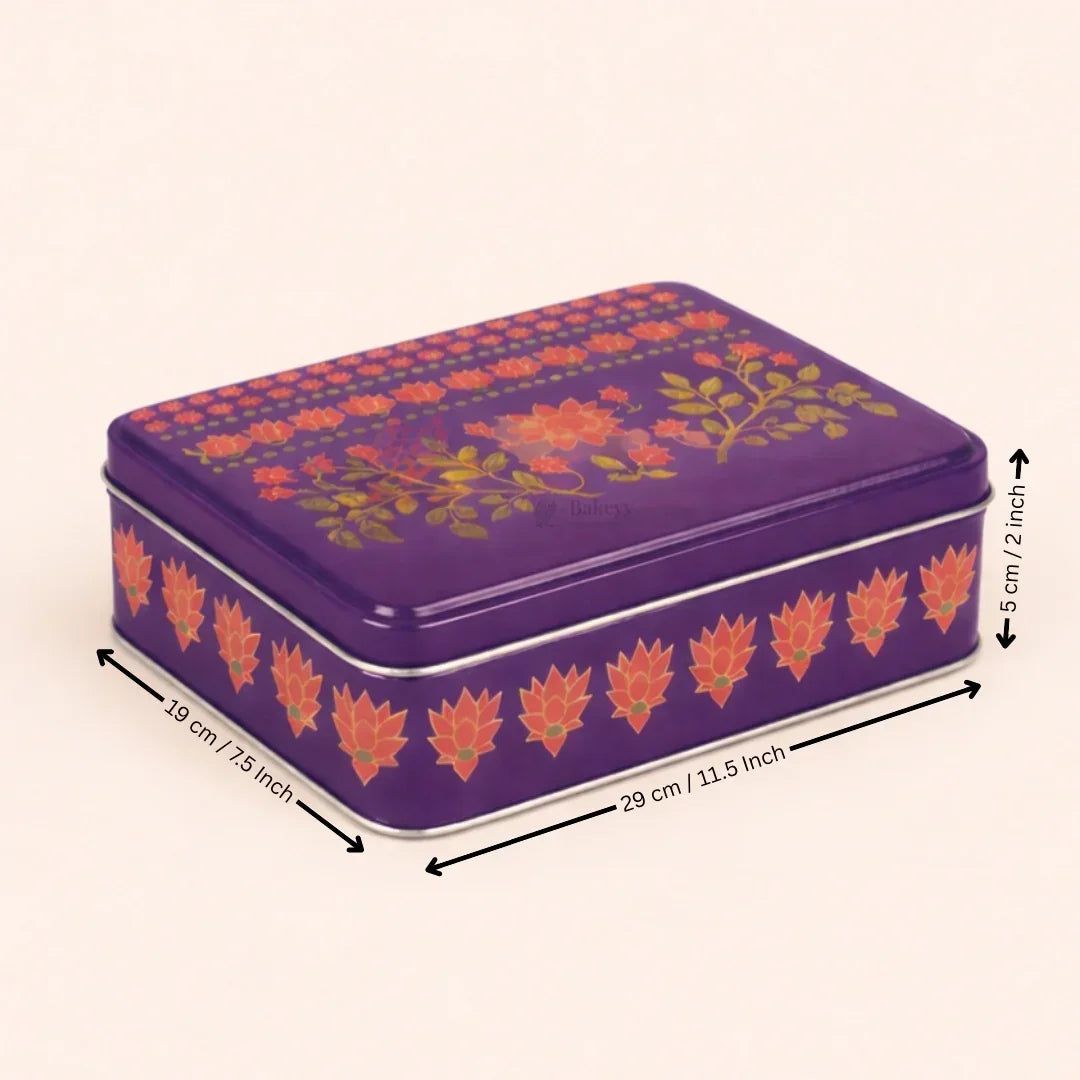 Premium Floral Printed Tin Box | Purple Floral Printed | Gift Box for Chocolates, Dry Fruits, Sweets| Pack Of 1 - Bakeyy.com - India - Premium Floral Printed Tin Box | Purple Floral Printed | Gift Box for Chocolates, Dry Fruits, Sweets| Pack Of 1 - 11.5x7.5x2 Inch 220.00