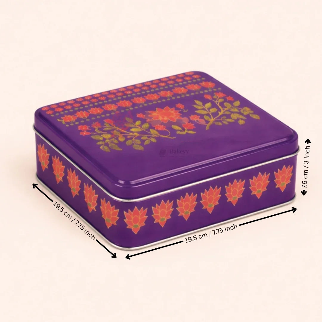 Premium Floral Printed Tin Box | Purple Floral Printed | Gift Box for Chocolates, Dry Fruits, Sweets| Pack Of 1