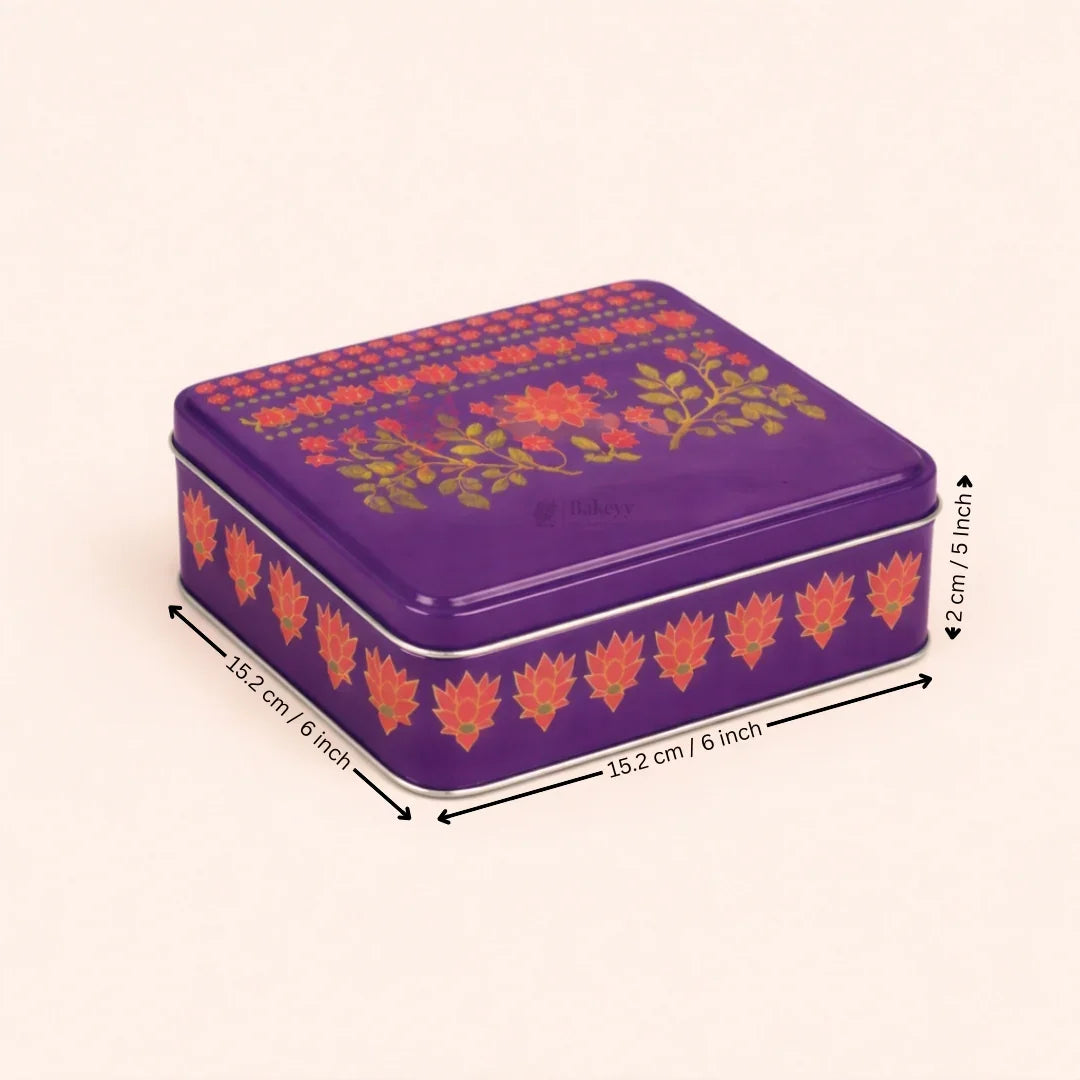 Premium Floral Printed Tin Box | Purple Floral Printed | Gift Box for Chocolates, Dry Fruits, Sweets| Pack Of 1