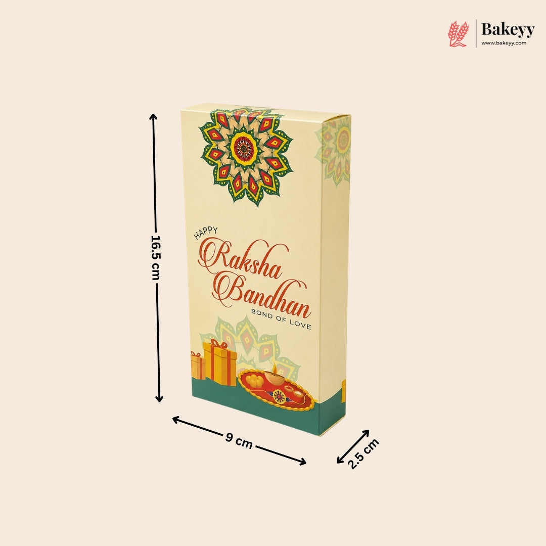 A boxed Raksha Bandhan greeting card or gift packaging shown on a plain beige background with black dimension arrows and labels indicating 16.5 cm height, 9 cm width, and 2.