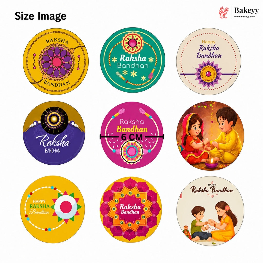 A size comparison grid showing nine circular Rangoli label designs for Raksha Bandhan, with diameters ranging from 5 cm to 6 cm, on a white background with the Bakeey brand logo in the top right.