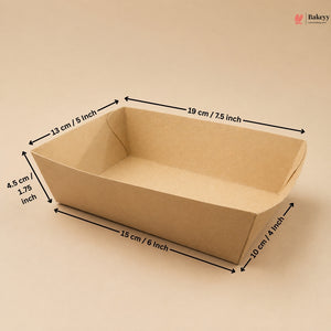 Brown paper tray with dimensions labeled on a beige background