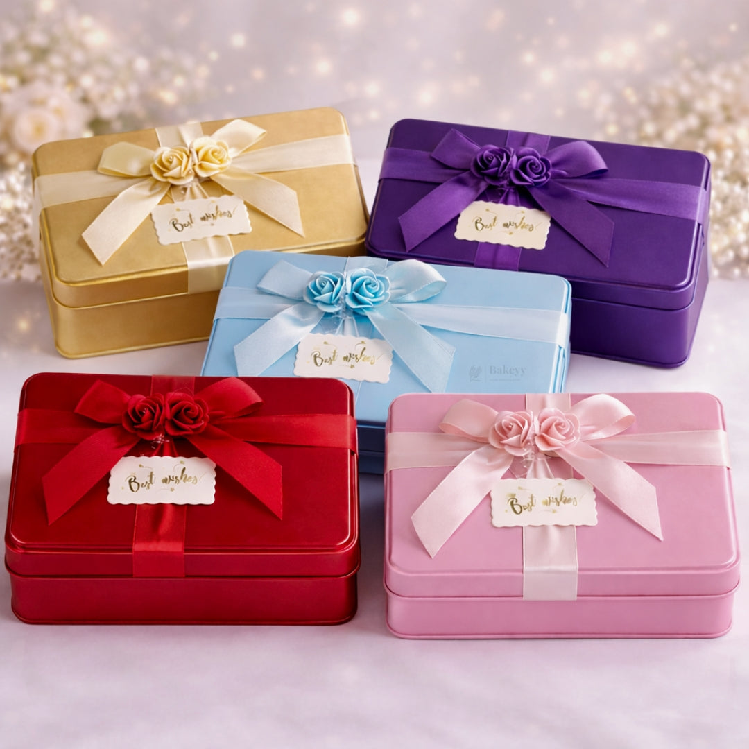 Rectangle Empty Decorative Tin Box | Mixed Bow Designs | 19x11x4.5Cm Tin Box | Pack of 1