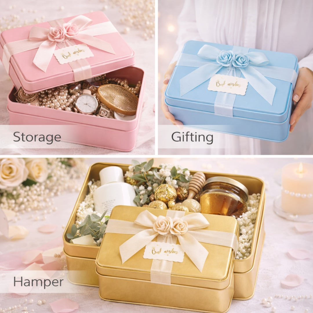 Rectangle Empty Decorative Tin Box | Mixed Bow Designs | 19x11x4.5Cm Tin Box | Pack of 1
