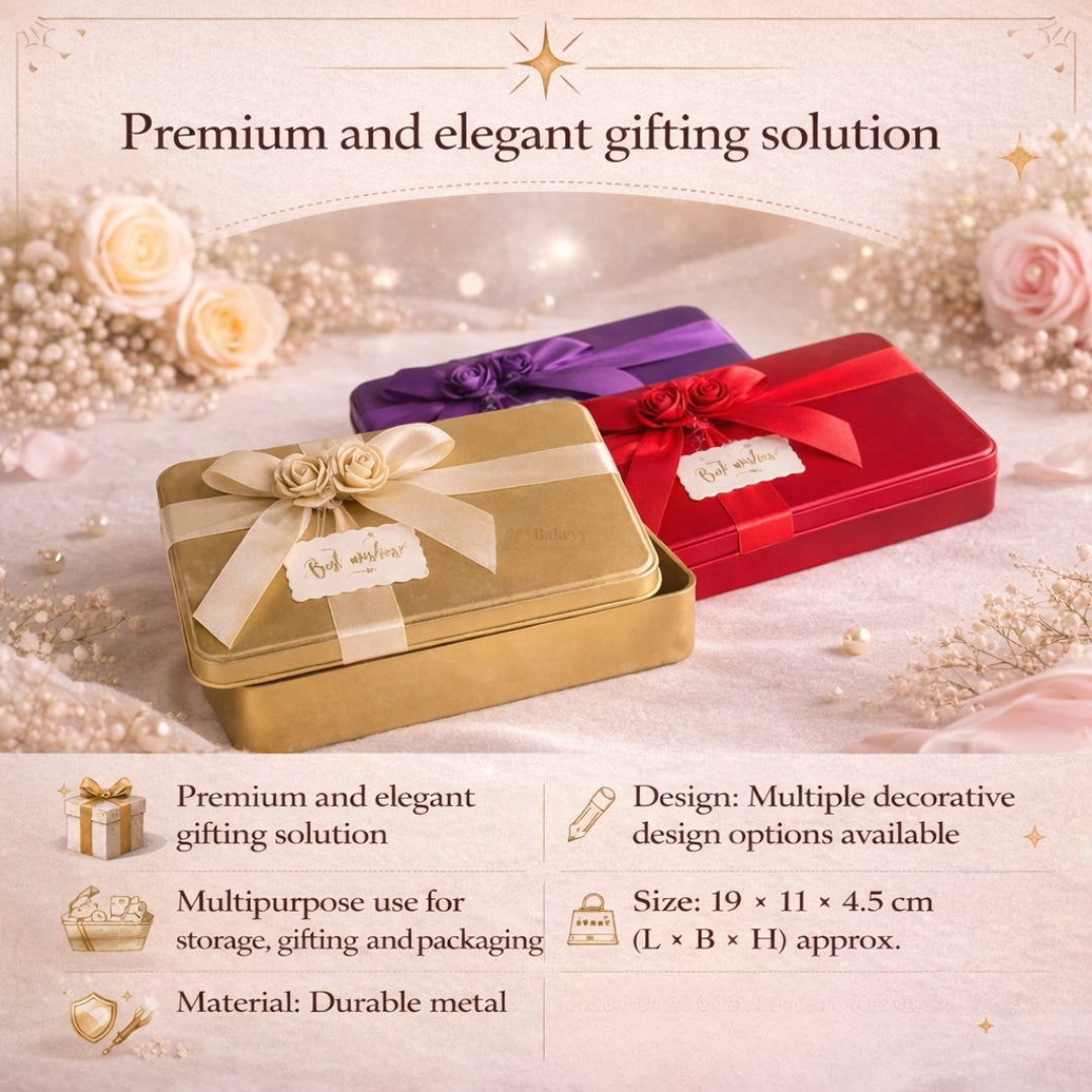 Rectangle Empty Decorative Tin Box | Mixed Bow Designs | 19x11x4.5Cm Tin Box | Pack of 1