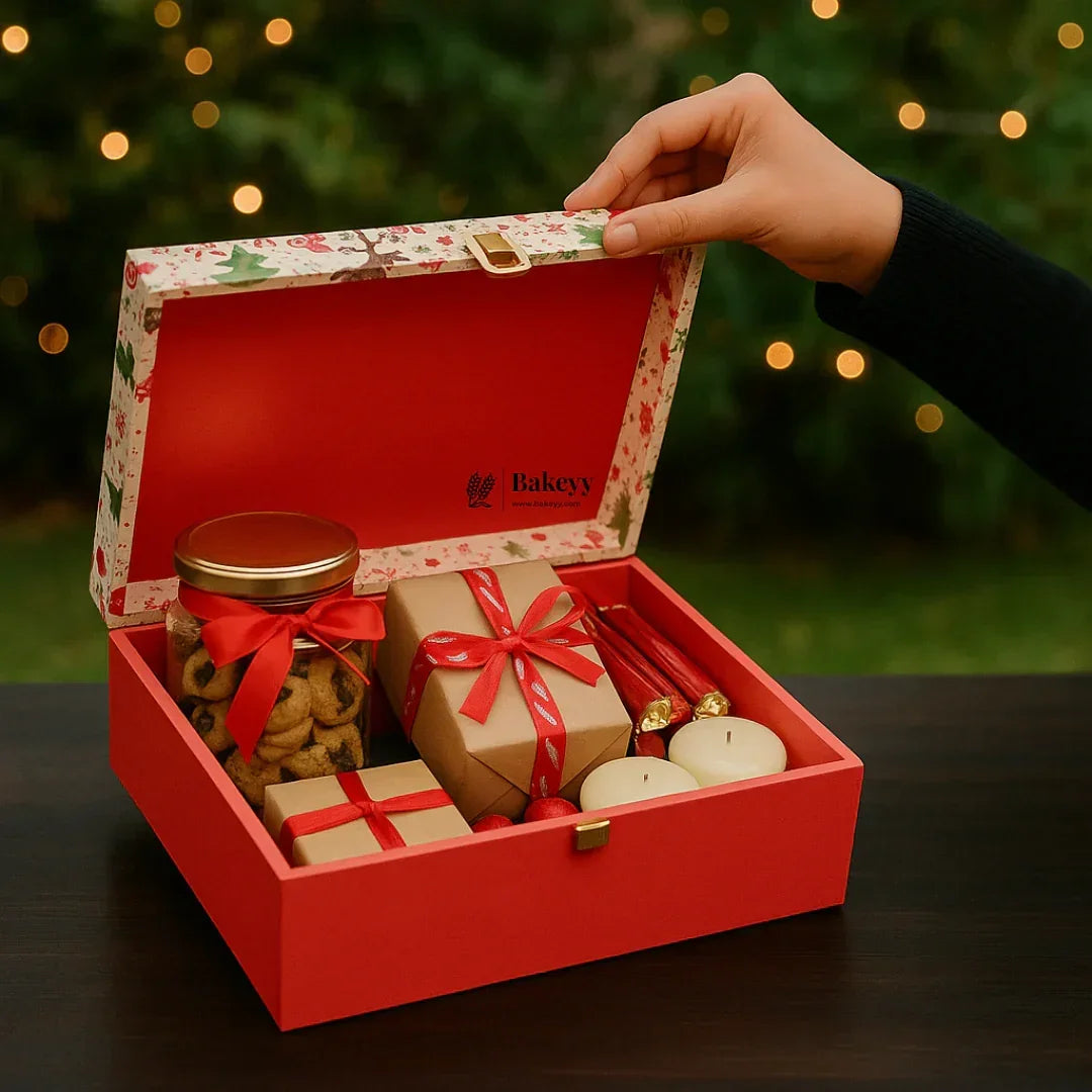 Rectangular Christmas Luxury MDF Cardboard Hamper Box | Red | Gift Box | 1 Piece - Bakeyy.com - India - Rectangular Christmas Luxury MDF Cardboard Hamper Box | Red | Gift Box | 1 Piece - Default Title 400.00