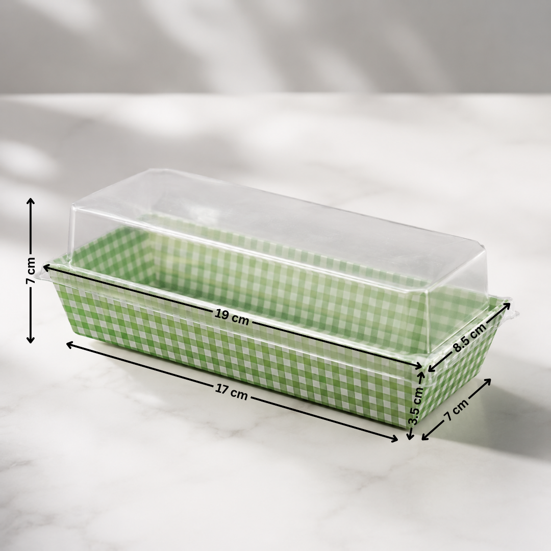 Green checkered bread loaf pan with clear lid on a white background