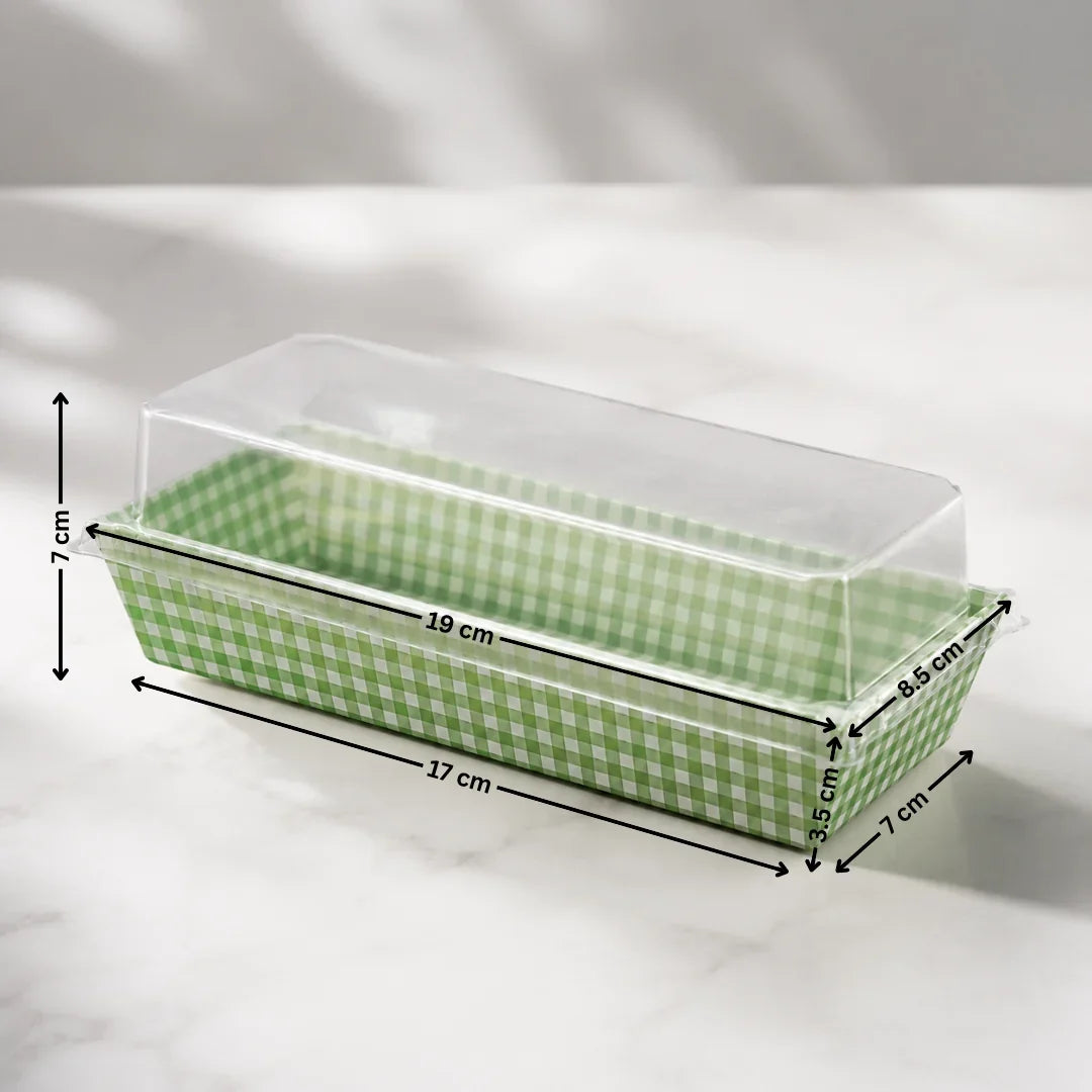 Green checkered bread loaf pan with clear lid on a white background