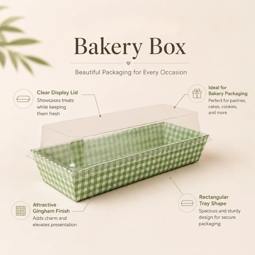 Green gingham bakery box with clear lid on a beige background
