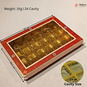 A rectangular 24-piece gold plastic cavity tray box with a red patterned lid, shown with dimension annotations (30 cm x 20.5 cm x 4 cm) and a circular inset detailing the cavity size.