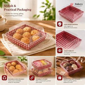 Red and white checkered food packaging containers with treats on a wooden surface, featuring text about the product's features.
