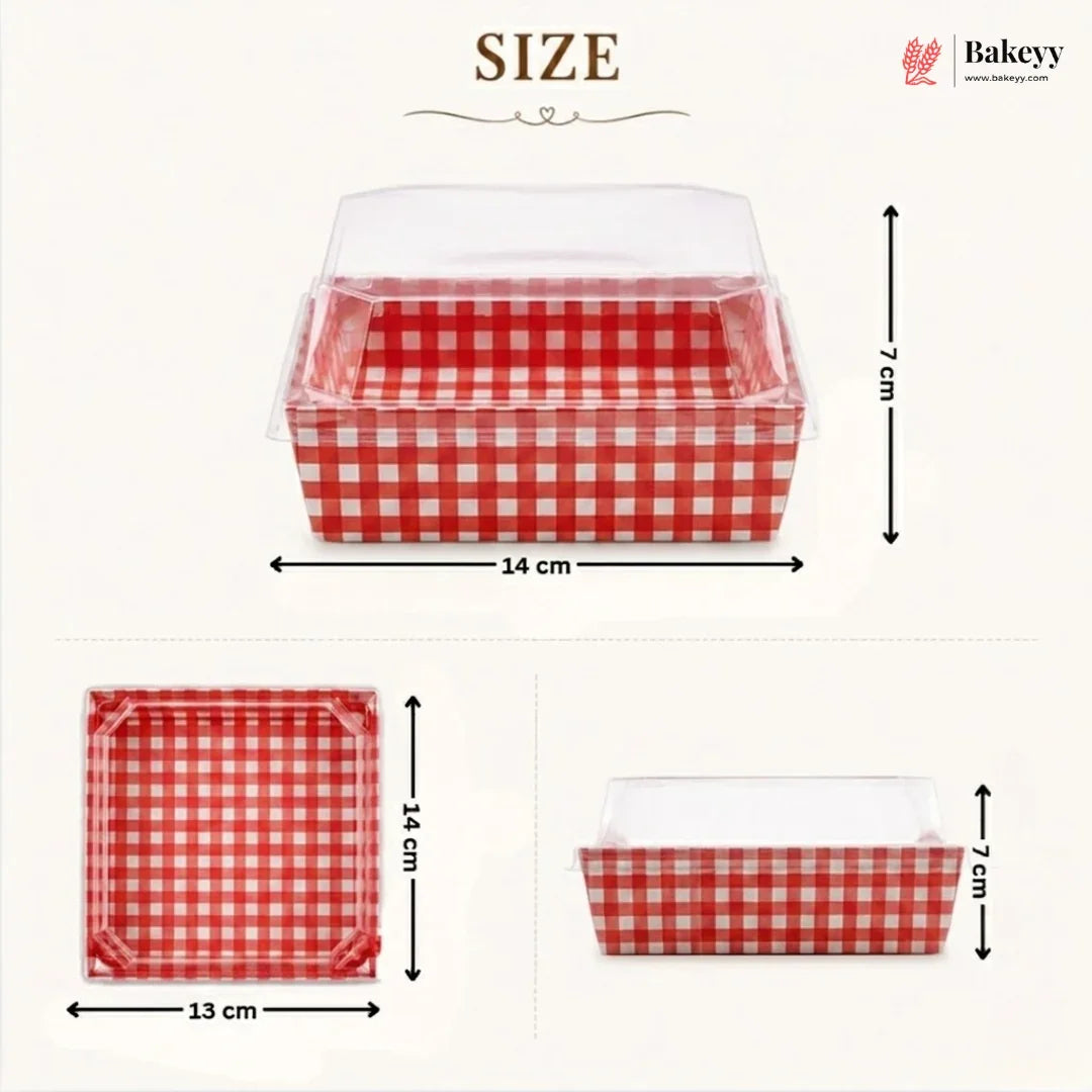 Red and white checkered cake box with dimensions and Bakey branding
