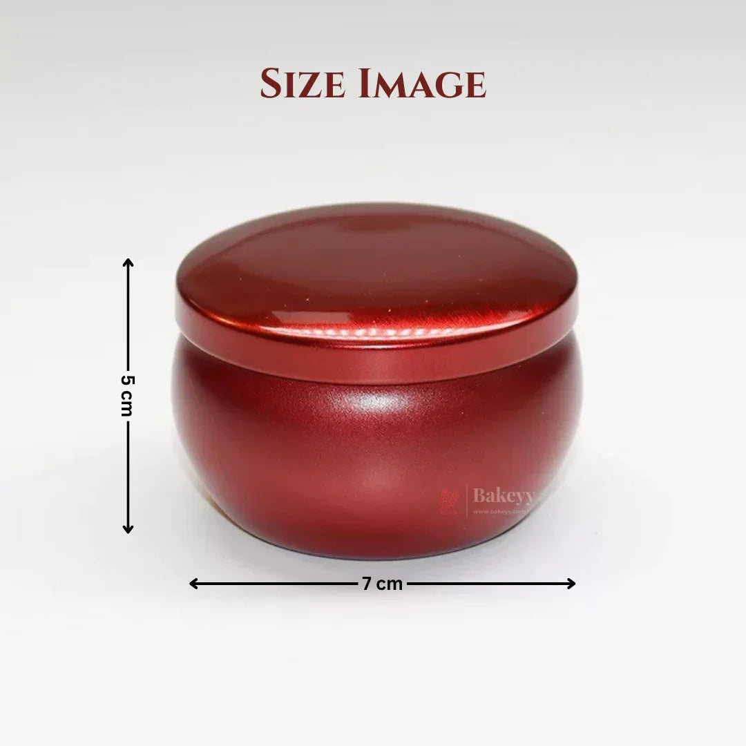 Red metal candle tin box with lid, 5 cm tall, 7 cm wide, for gift packaging at Bakeyy.com