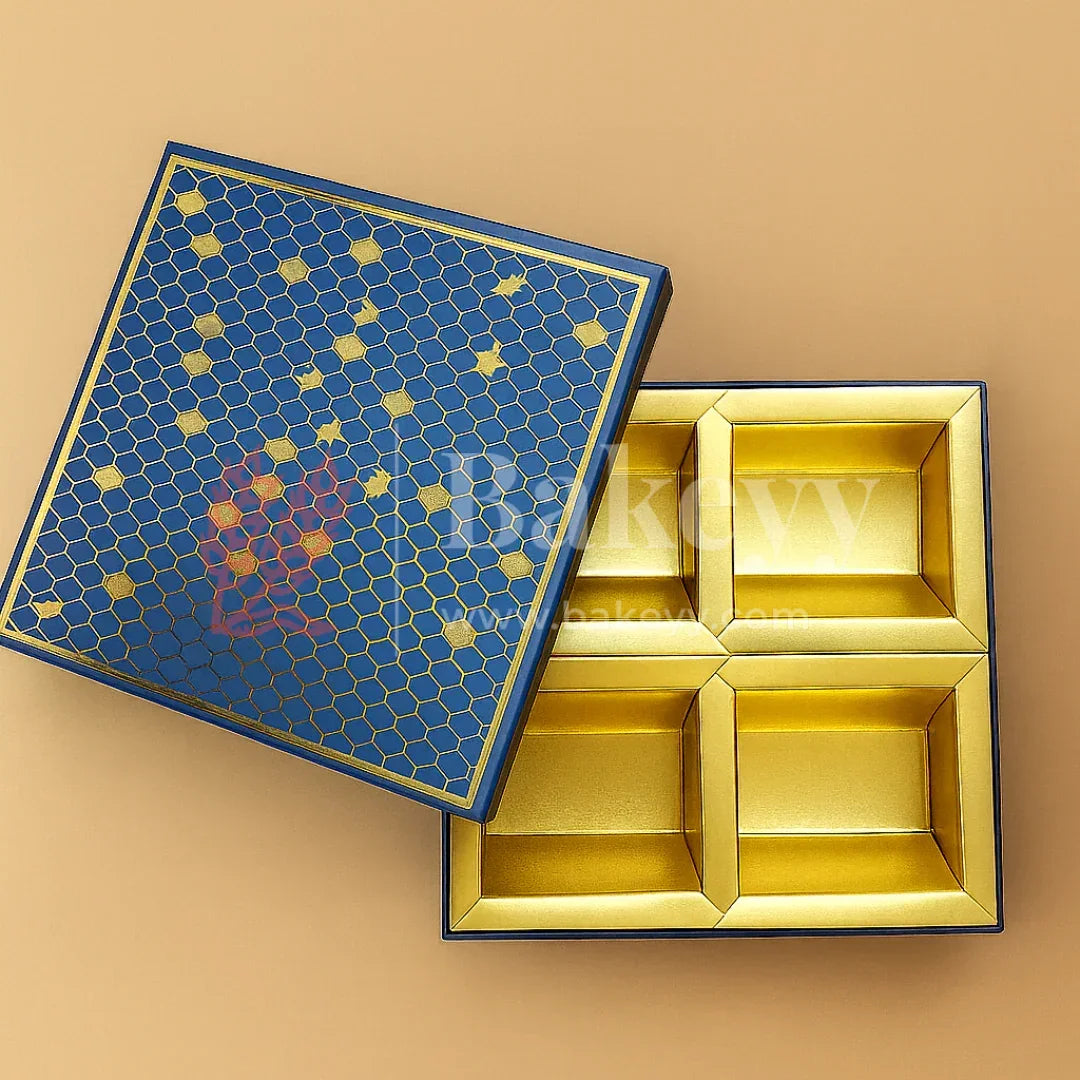 4 Cavity | Small | Rigid Dry Fruit Box | Elegant Festive Hamper Box | Diwali Sweet box | Chocolate Box | Blue | 1 Piece