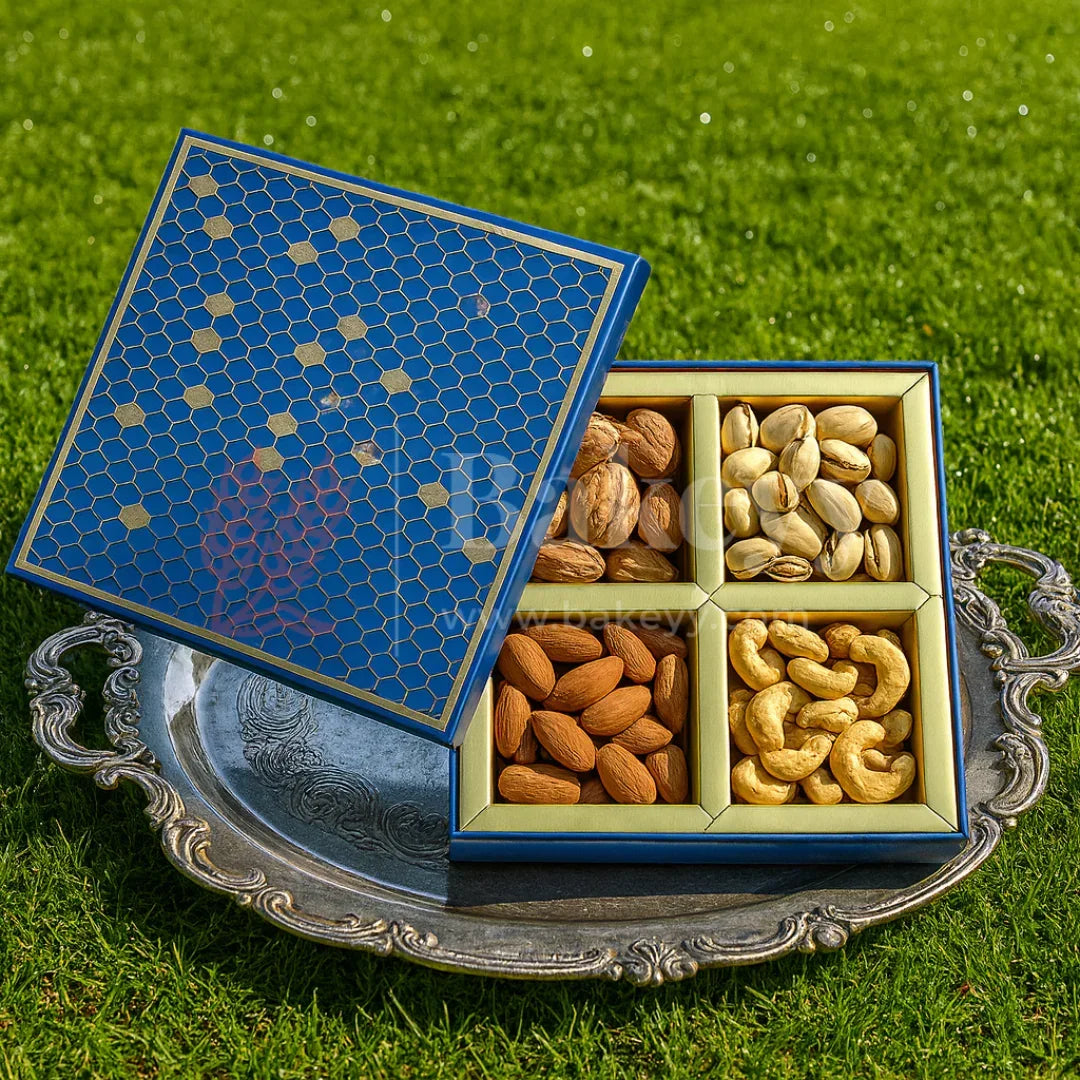 4 Cavity | Small | Rigid Dry Fruit Box | Elegant Festive Hamper Box | Diwali Sweet box | Chocolate Box | Blue | 1 Piece