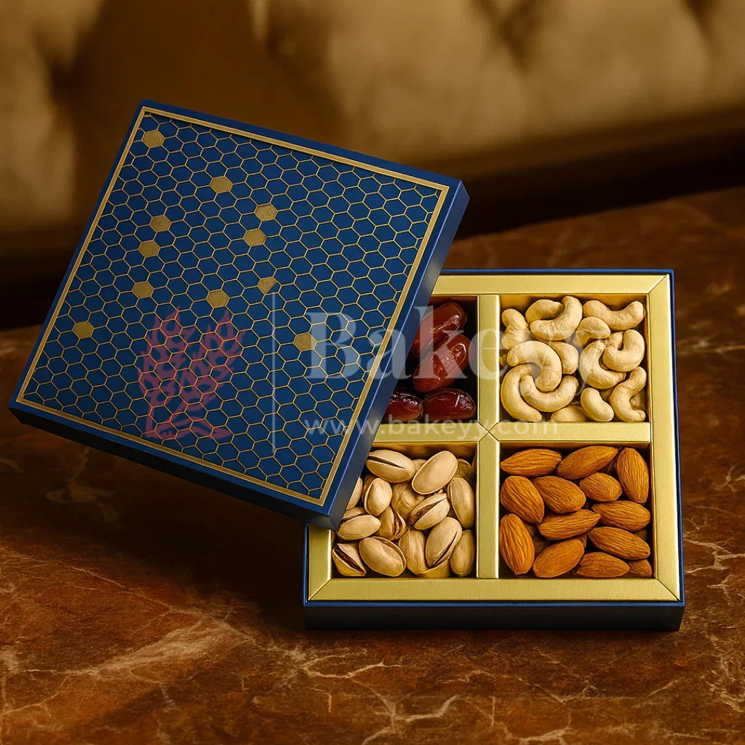 4 Cavity | Small | Rigid Dry Fruit Box | Elegant Festive Hamper Box | Diwali Sweet box | Chocolate Box | Blue | 1 Piece