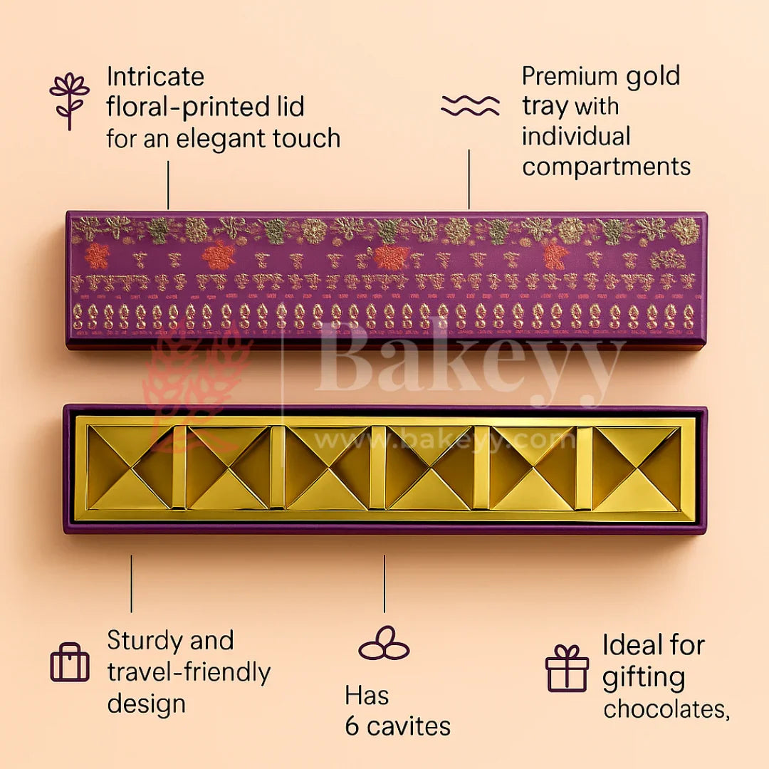 6 Cavities | Rigid Chocolate Box | Floral Print | Sweet box | Purple | 1 Piece