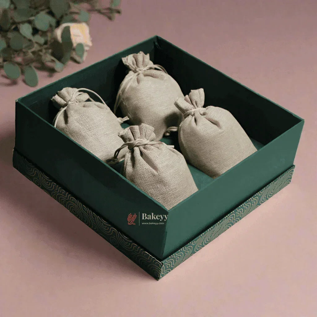 Rigid Gift Box with Jute Bags | Hamper Box | Square Shape | - Bakeyy.com - India - Rigid Gift Box with Jute Bags | Hamper Box | Square Shape | - Green
