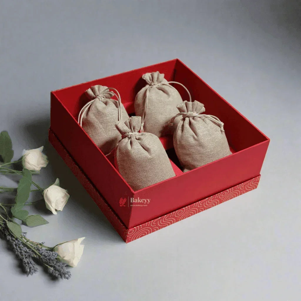 Rigid Gift Box with Jute Bags | Hamper Box | Square Shape | - Bakeyy.com - India - Rigid Gift Box with Jute Bags | Hamper Box | Square Shape | - Red