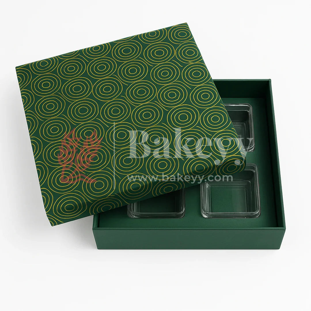 26x26x11 cm | Rigid Square Shaped Gift Box with 4 Plastic Box | Hamper Box | Dark Green | 1 Piece