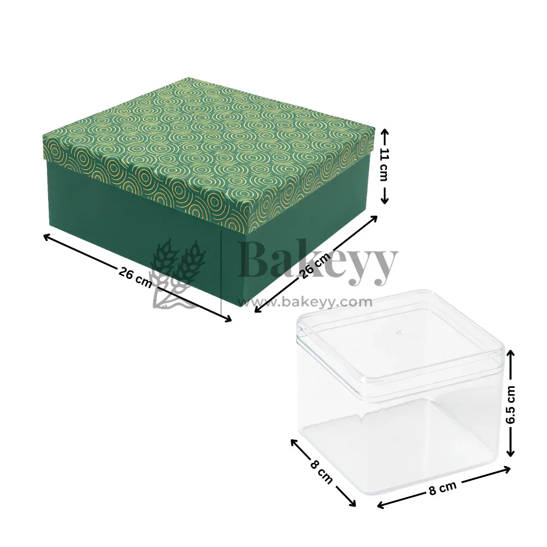 26x26x11 cm | Rigid Square Shaped Gift Box with 4 Plastic Box | Hamper Box | Dark Green | 1 Piece