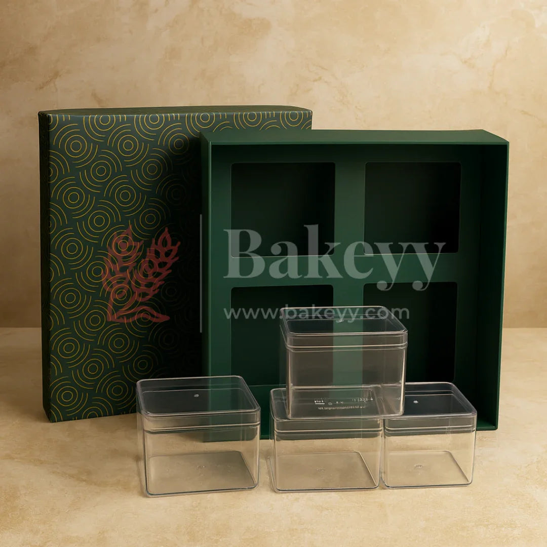 26x26x11 cm | Rigid Square Shaped Gift Box with 4 Plastic Box | Hamper Box | Dark Green | 1 Piece