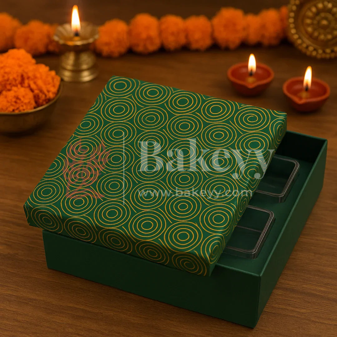 26x26x11 cm | Rigid Square Shaped Gift Box with 4 Plastic Box | Hamper Box | Dark Green | 1 Piece