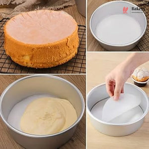 Collage of a cake being prepared, including a round cake, a baking pan with batter, and a hand using a tool.