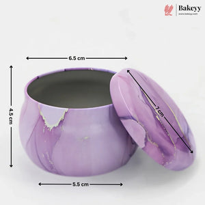 Purple marbled metal tin with matching lid, shown with dimension arrows and labels indicating 6.5 cm width, 4.
