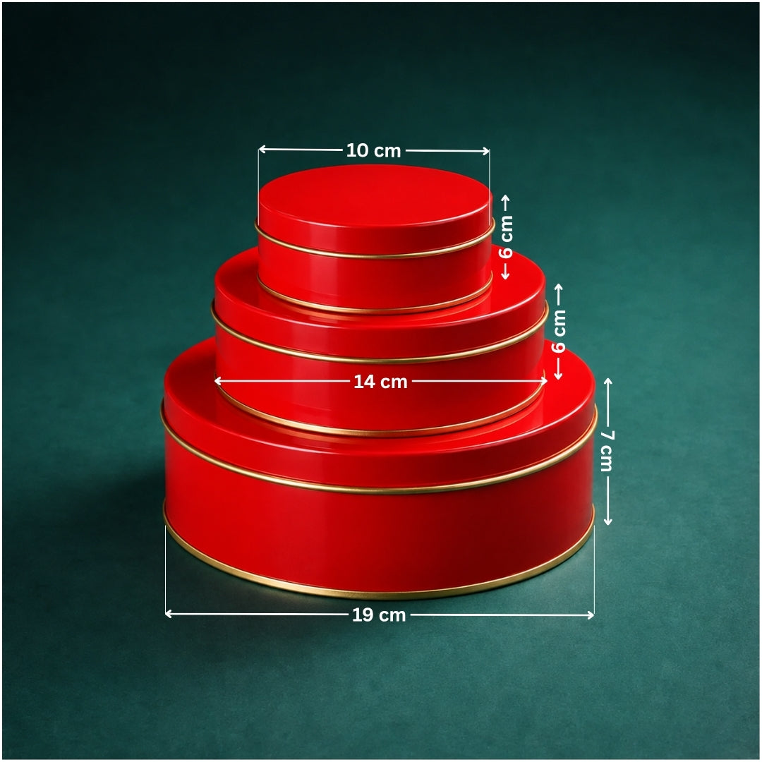 Three nested round red gift boxes with gold trim, shown with overlaid dimension arrows and labels indicating 10 cm, 6 cm, 14 cm, 7 cm, 19 cm, and 14 cm on a dark green background.