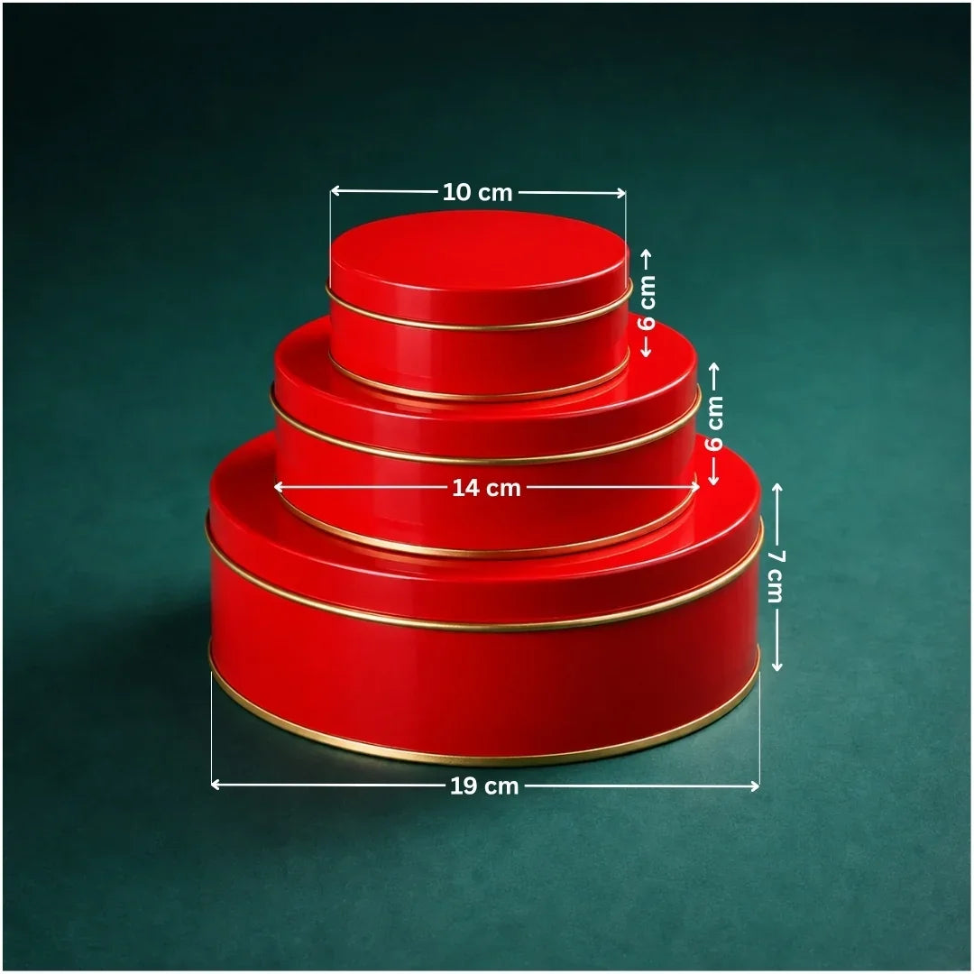 Three nested round red gift boxes with gold trim, shown with overlaid dimension arrows and labels indicating 10 cm, 6 cm, 14 cm, 7 cm, 19 cm, and 14 cm on a dark green background.