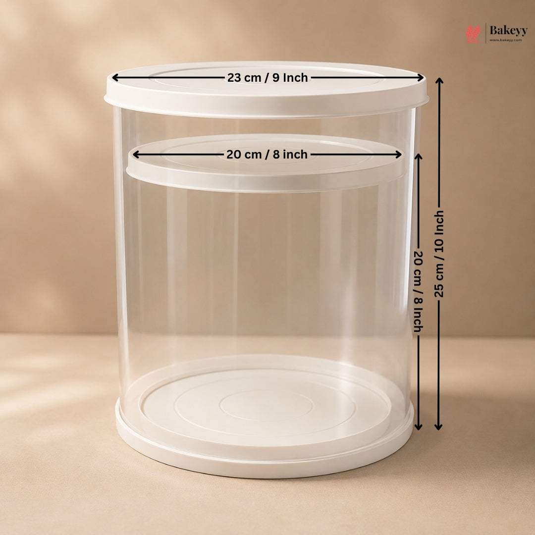 Clear cylindrical container with dimensions labeled on a beige background, featuring the Bakey brand.