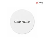 Round white plate with measurements 7.5 inch / 18.5 cm and Bakey brand logo on a white background