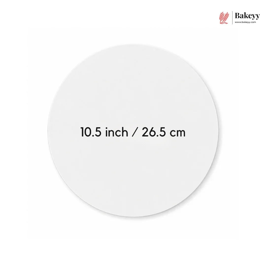 White round plate with measurements 10.5 inch / 26.5 cm on a white background, featuring the Bakey brand.
