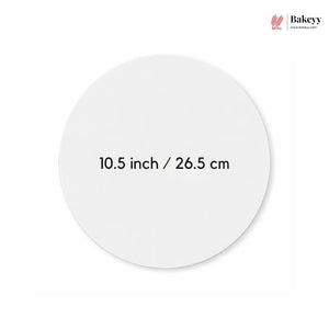 White round plate with measurements 10.5 inch / 26.5 cm on a white background, featuring the Bakey brand.
