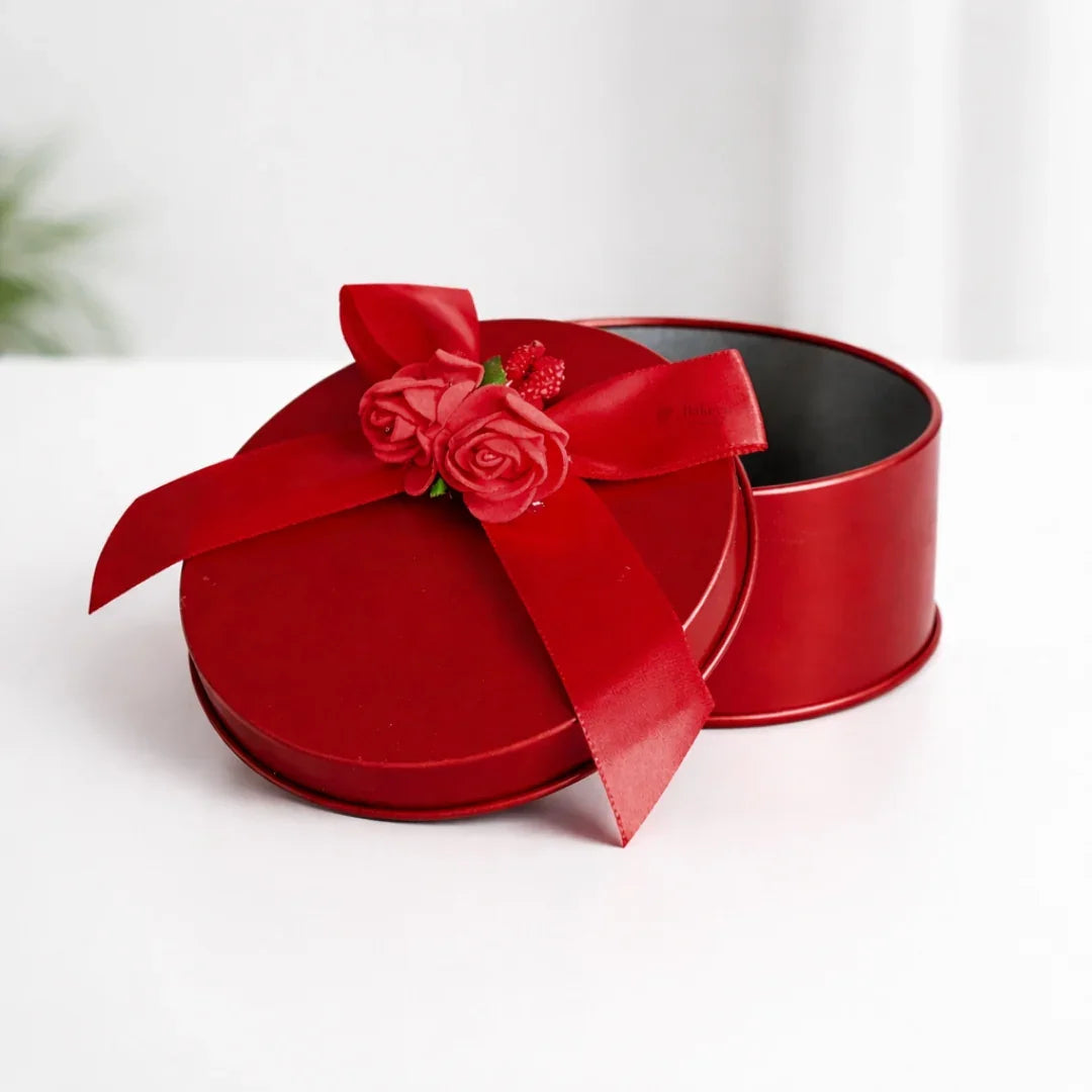 Round Decorative Metal Tin Box with Ribbon and flower | Round Tin Box with flower | Random Colors | Chocolates & Keepsakes | Pack of 6 - Bakeyy.com - India - Round Decorative Metal Tin Box with Ribbon and flower | Round Tin Box with flower | Random Colors | Chocolates & Keepsakes | Pack of 6 - Default Title 390.00