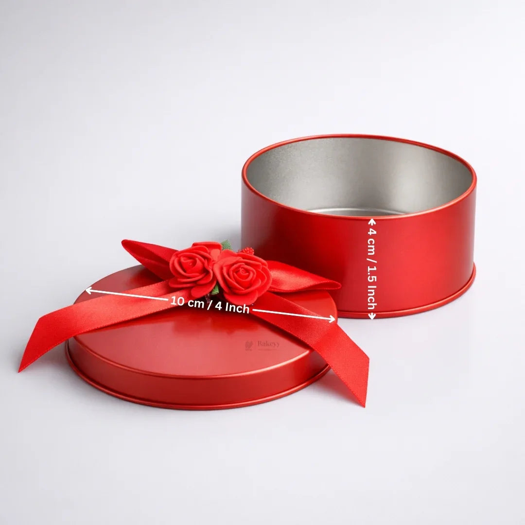Round Decorative Metal Tin Box with Ribbon and flower | Round Tin Box with flower | Random Colors | Chocolates & Keepsakes | Pack of 6 - Bakeyy.com - India - Round Decorative Metal Tin Box with Ribbon and flower | Round Tin Box with flower | Random Colors | Chocolates & Keepsakes | Pack of 6 - Default Title 390.00