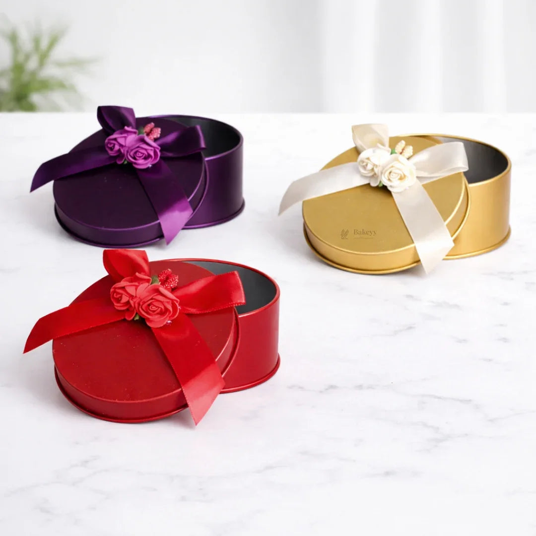 Round Decorative Metal Tin Box with Ribbon and flower | Round Tin Box with flower | Random Colors | Chocolates & Keepsakes | Pack of 6 - Bakeyy.com - India - Round Decorative Metal Tin Box with Ribbon and flower | Round Tin Box with flower | Random Colors | Chocolates & Keepsakes | Pack of 6 - Default Title 390.00