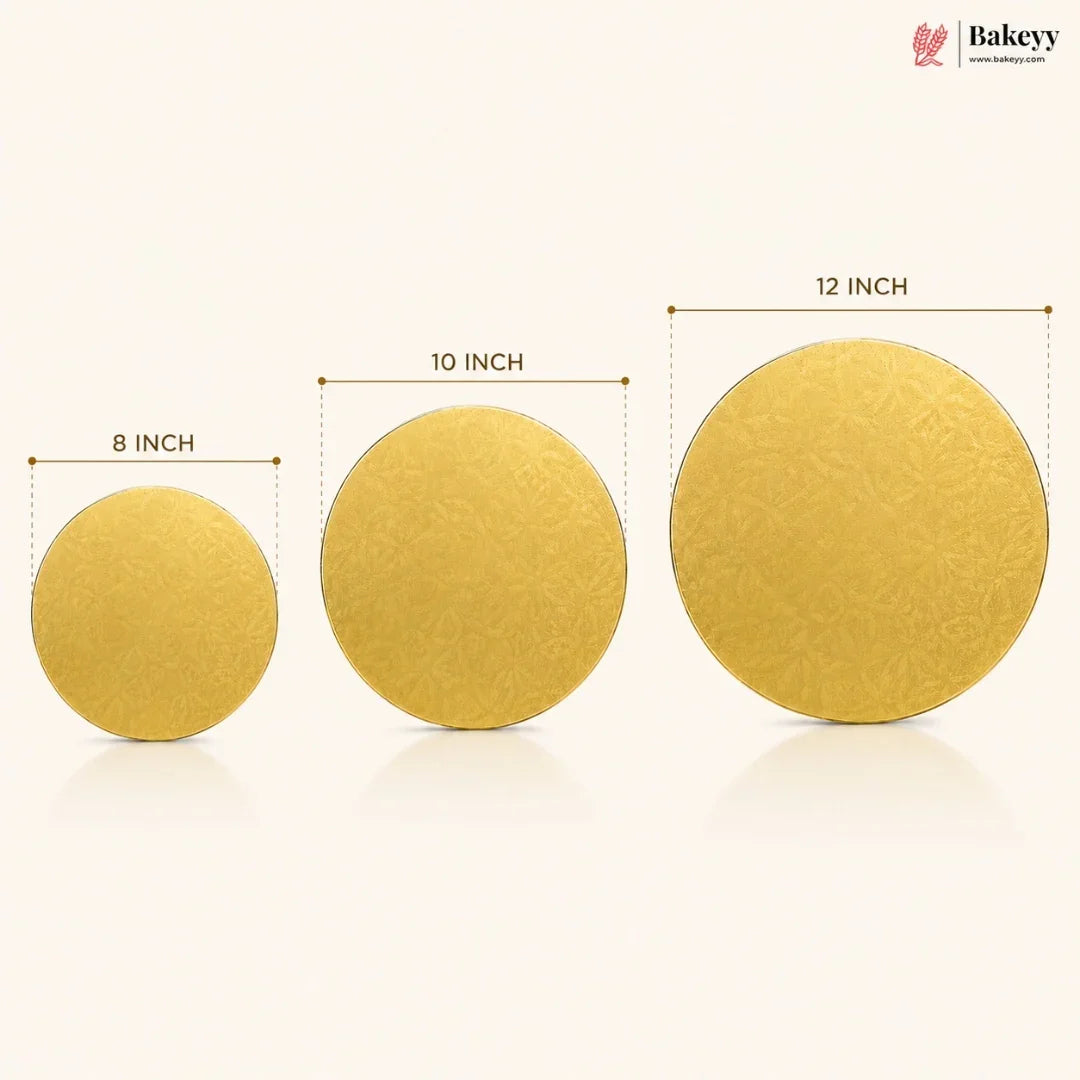 Three round gold-colored cake toppers of different sizes (8 inch, 10 inch, and 12 inch) displayed on a light cream background with dimension lines and text labels. The Bakeyy logo is visible in the top right corner.