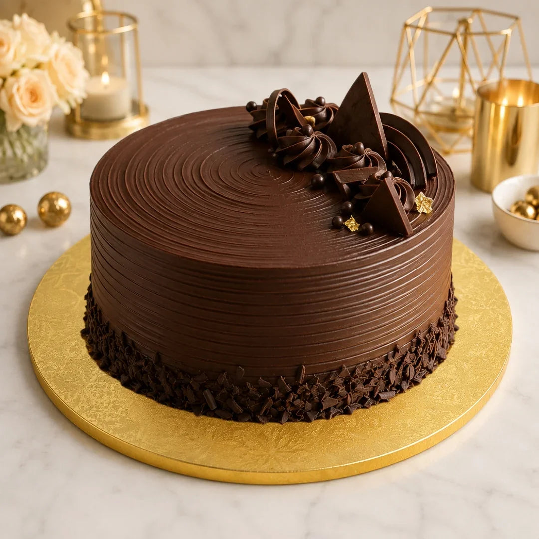 Chocolate cake with decorative elements on a gold plate, surrounded by decorative items.