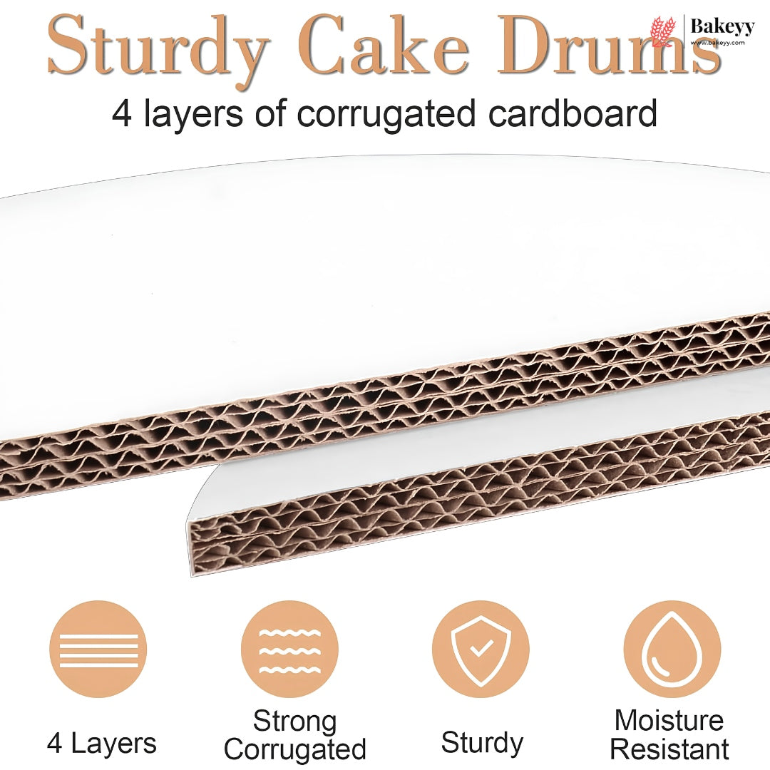 Sturdy Cake Drums by Bakeey featuring 4 layers of corrugated cardboard, with a close-up of the brown cardboard flutes and four feature icons below.