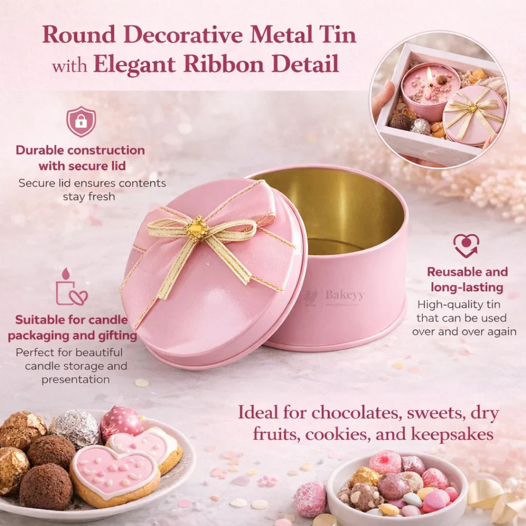 Round Empty Decorative Tin Box | Mixed Colours with Bow Designs | Pack of 12 - Bakeyy.com - India - Round Empty Decorative Tin Box | Mixed Colours with Bow Designs | Pack of 12 - Default Title 720.00