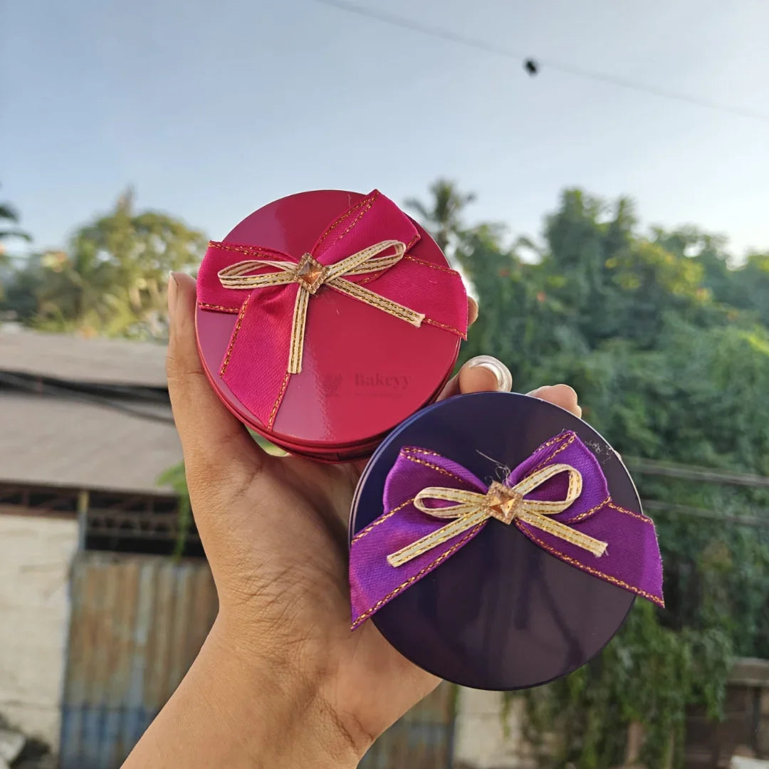Round Empty Decorative Tin Box | Mixed Colours with Bow Designs | Pack of 12 - Bakeyy.com - India - Round Empty Decorative Tin Box | Mixed Colours with Bow Designs | Pack of 12 - Default Title 720.00
